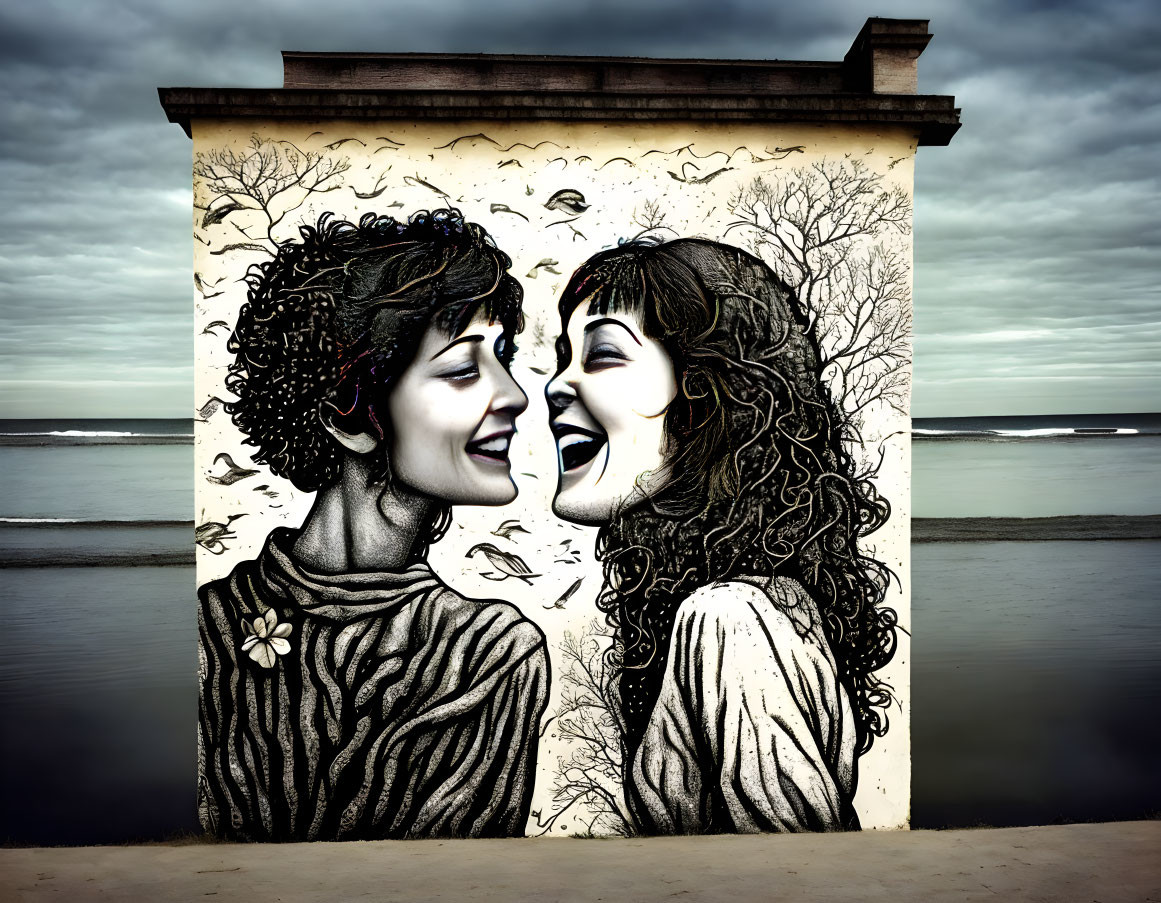 Detailed mural of two women smiling on beachside building