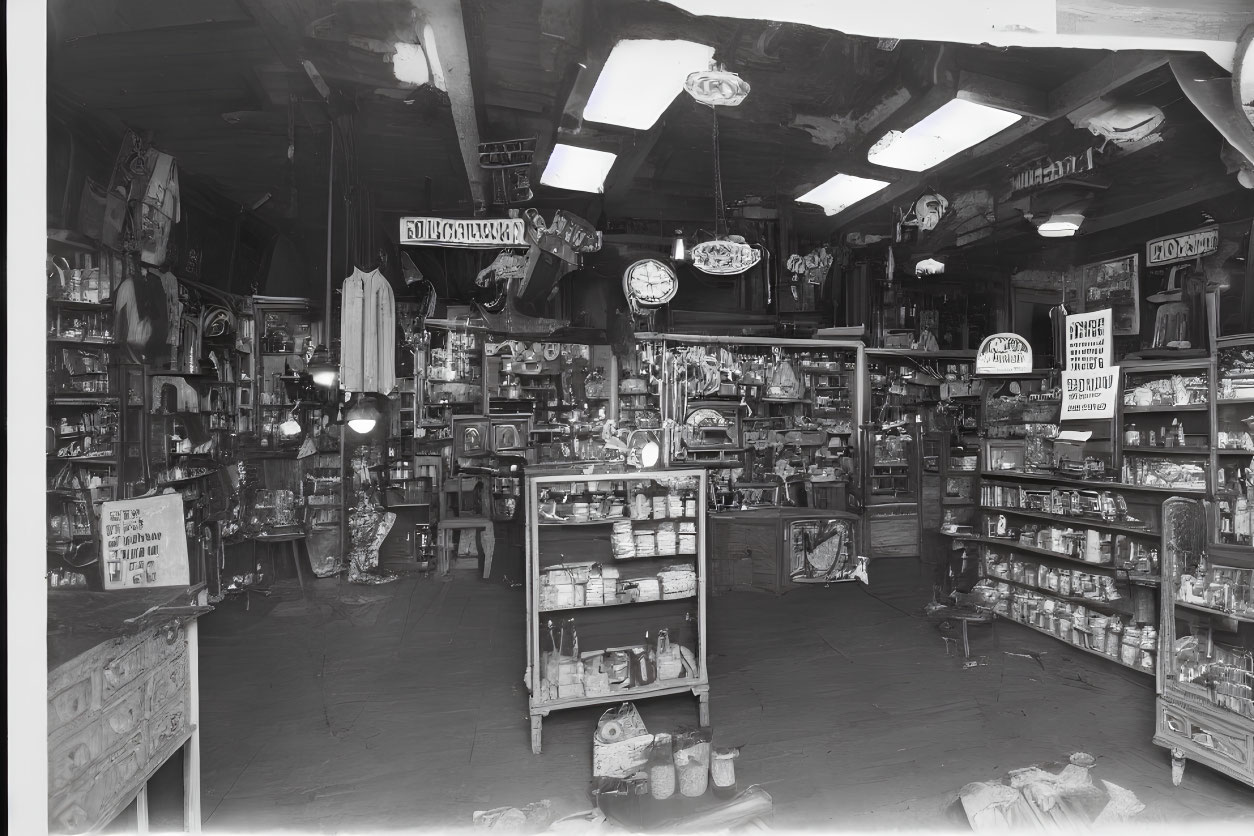 Retro Store Interior with Clocks, Signs, and Tin Containers