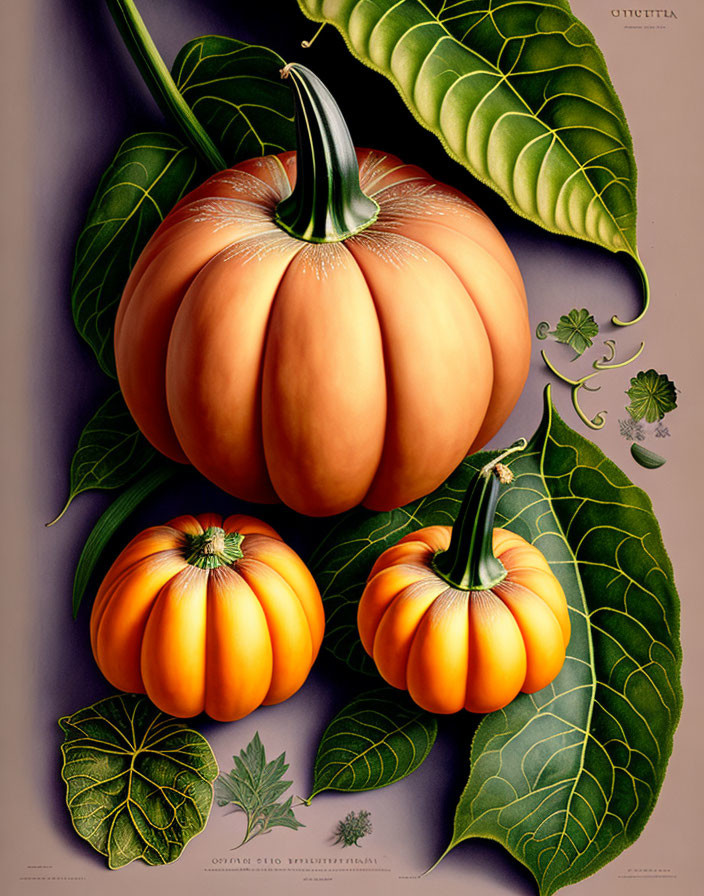 Detailed Illustration: Vibrant Orange Pumpkins with Green Leaves on Purple Background