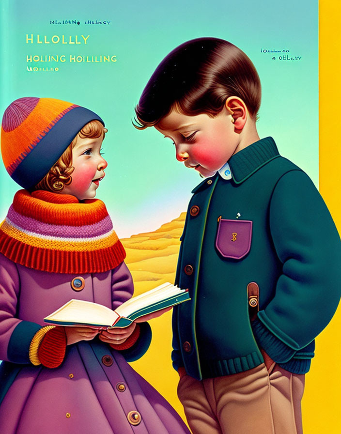 Vintage Illustration: Young Girl and Boy Reading Book in Knitted Hat and Green Jacket