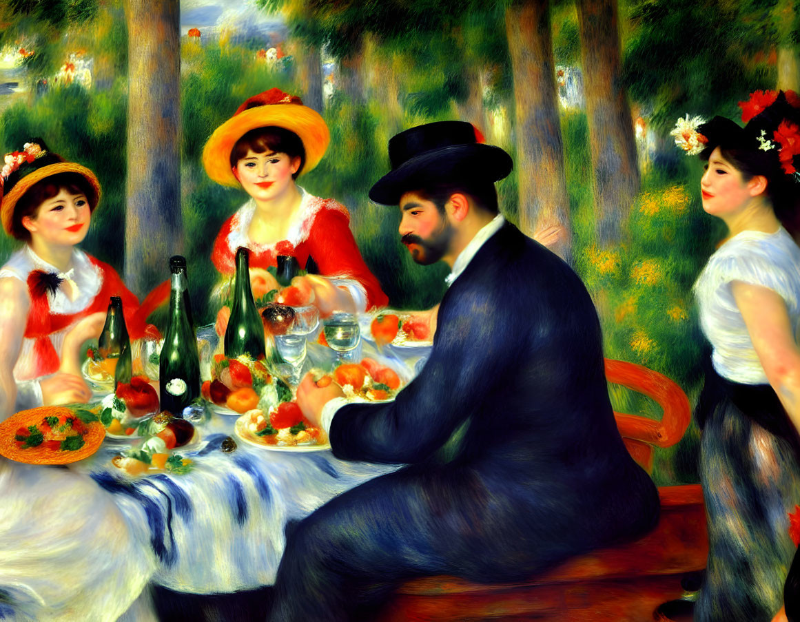 Four people dining outdoors with fruit and wine on a lush greenery backdrop