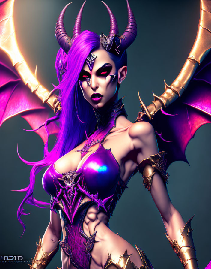 Stylized image of female character with purple hair, horns, wings, and ornate armor