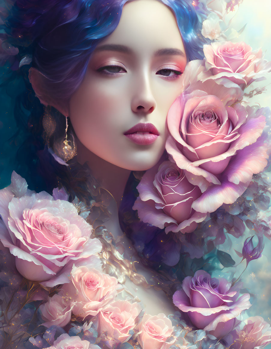 Blue-Haired Woman Surrounded by Large Pastel Roses in Soft Lighting