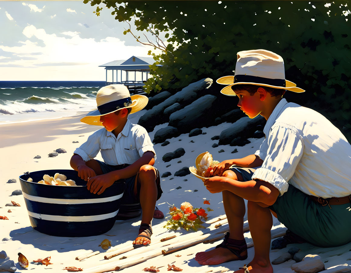 Children in straw hats examining shells by beach boat, gazebo and trees in background.