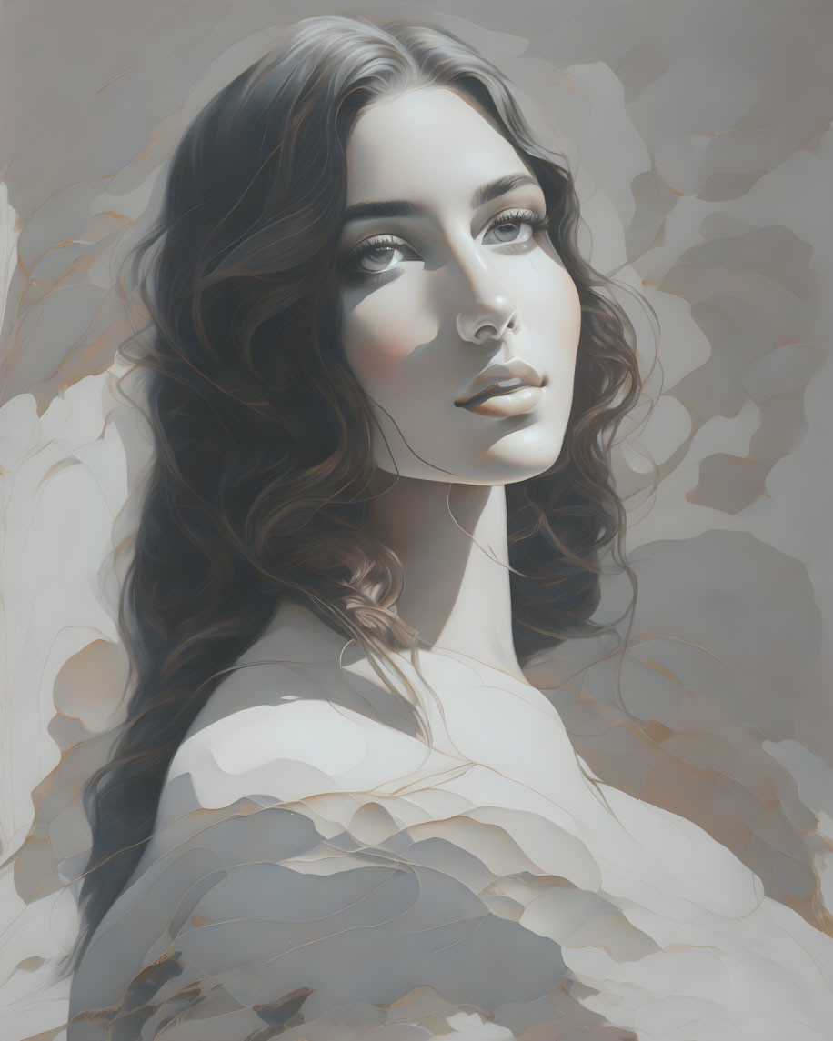 Digital painting: Woman with dark hair, fair skin, and striking features on marbled background