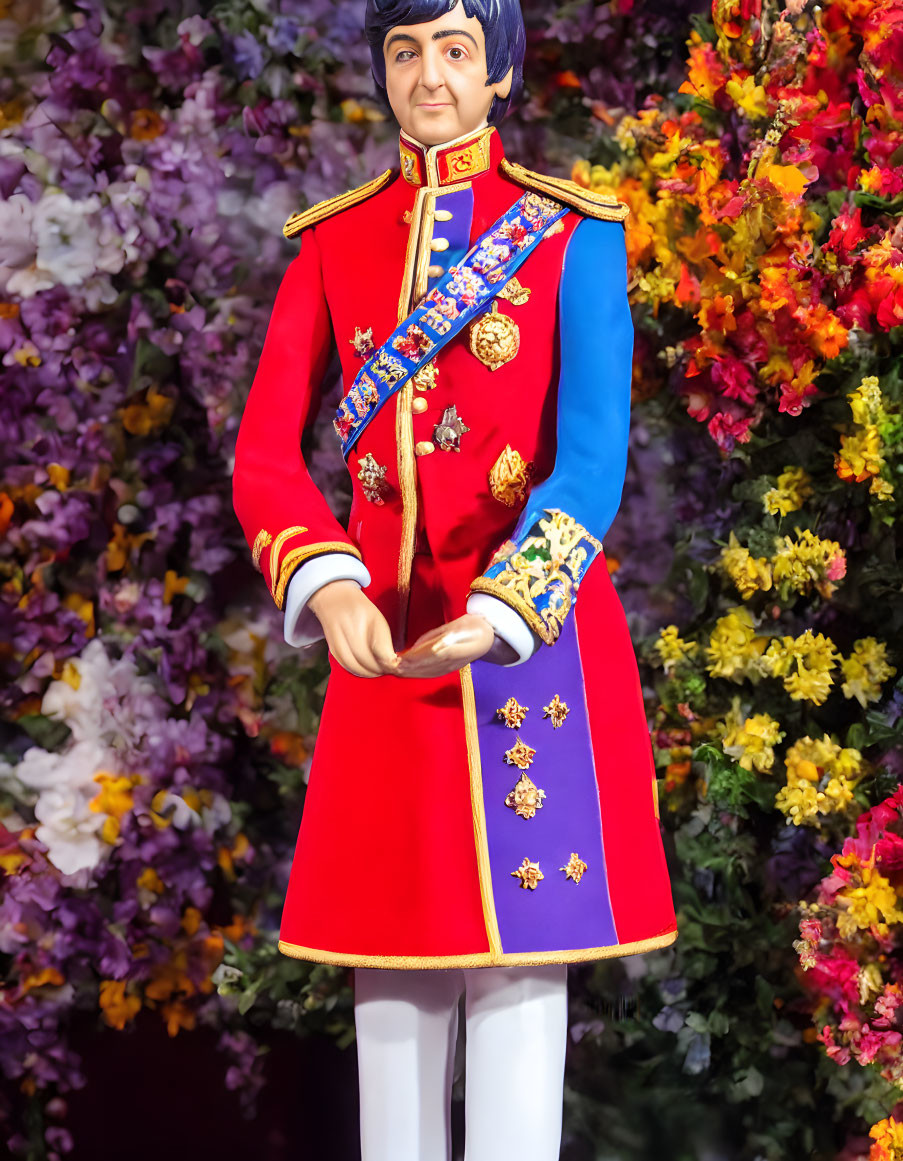 Colorful Figure in Ceremonial Uniform with Medals Against Vibrant Floral Background