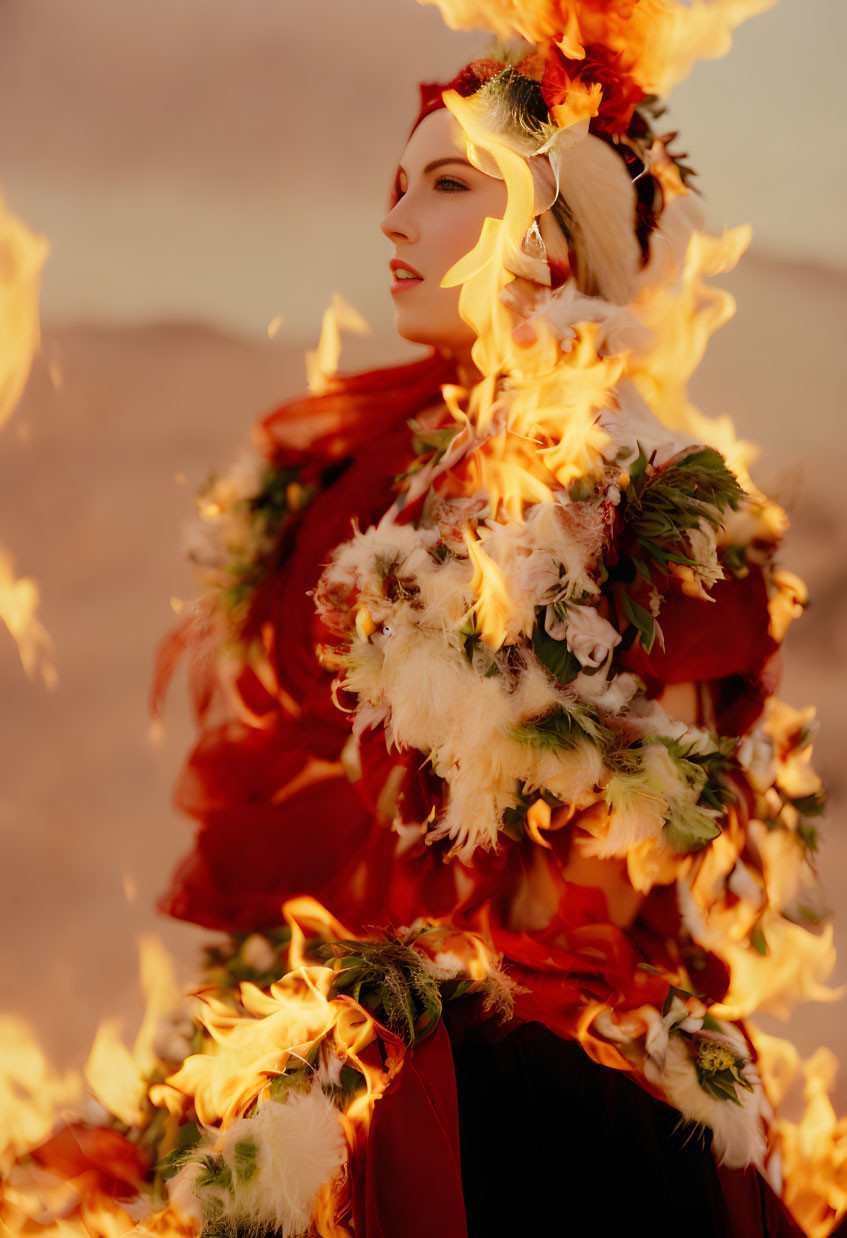 Elaborate Red Costume with Feathery Details Surrounded by Flames