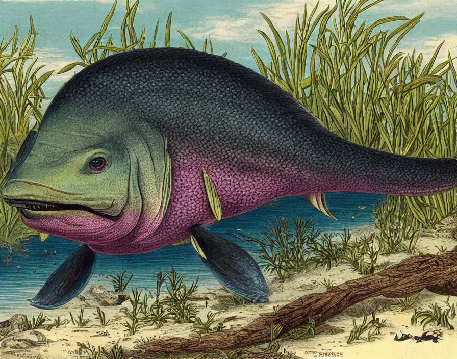 Prehistoric fish illustration with prominent head and pink underbelly swimming near seabed.