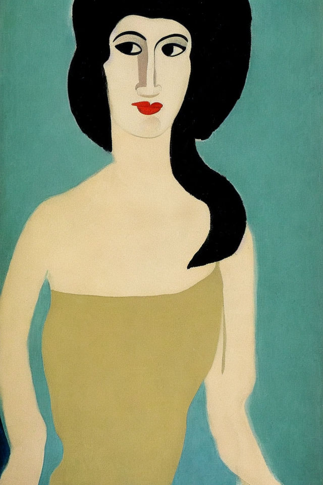 Stylized woman with black hair and red lips on turquoise background