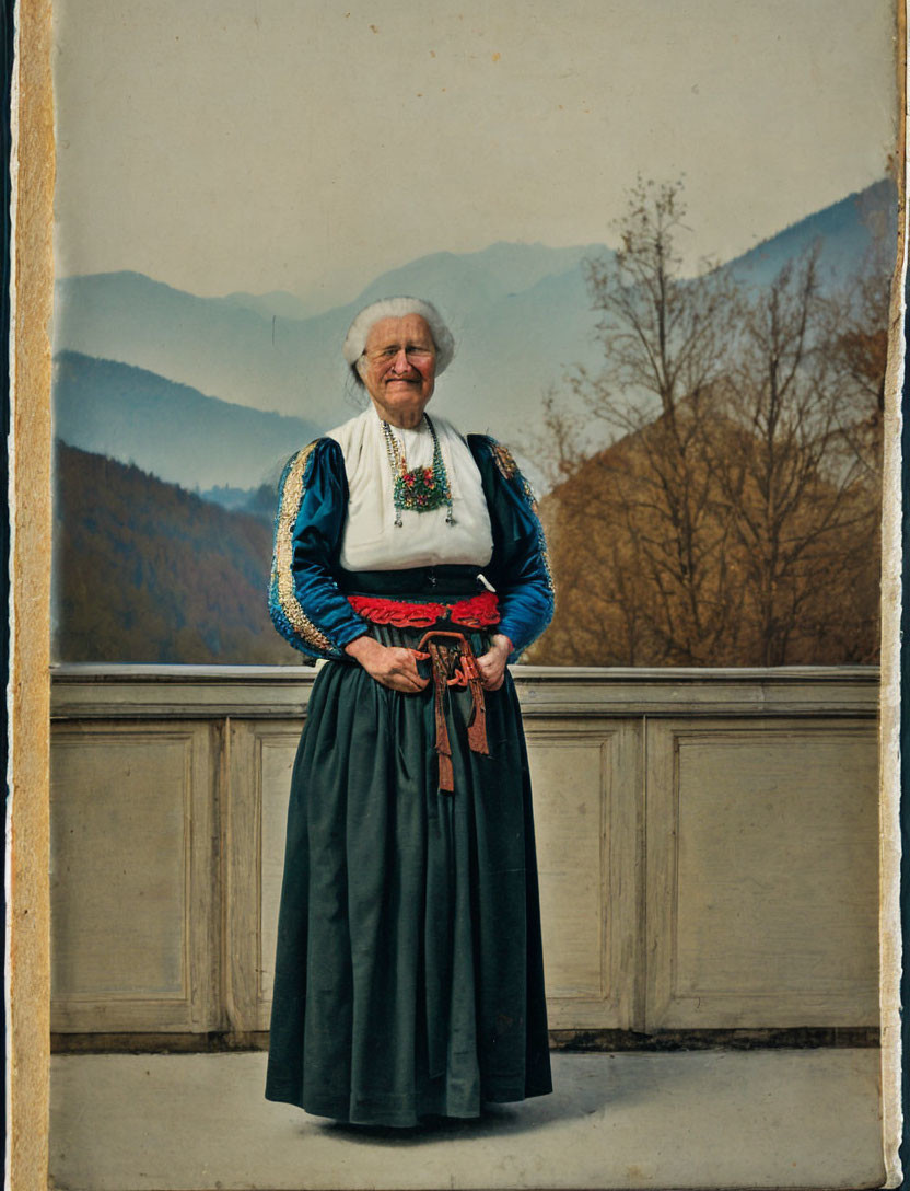 Elderly woman in traditional dress smiles against mountain backdrop