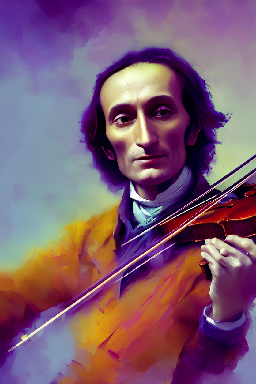 Vibrant digital portrait of a man with violin in historical attire