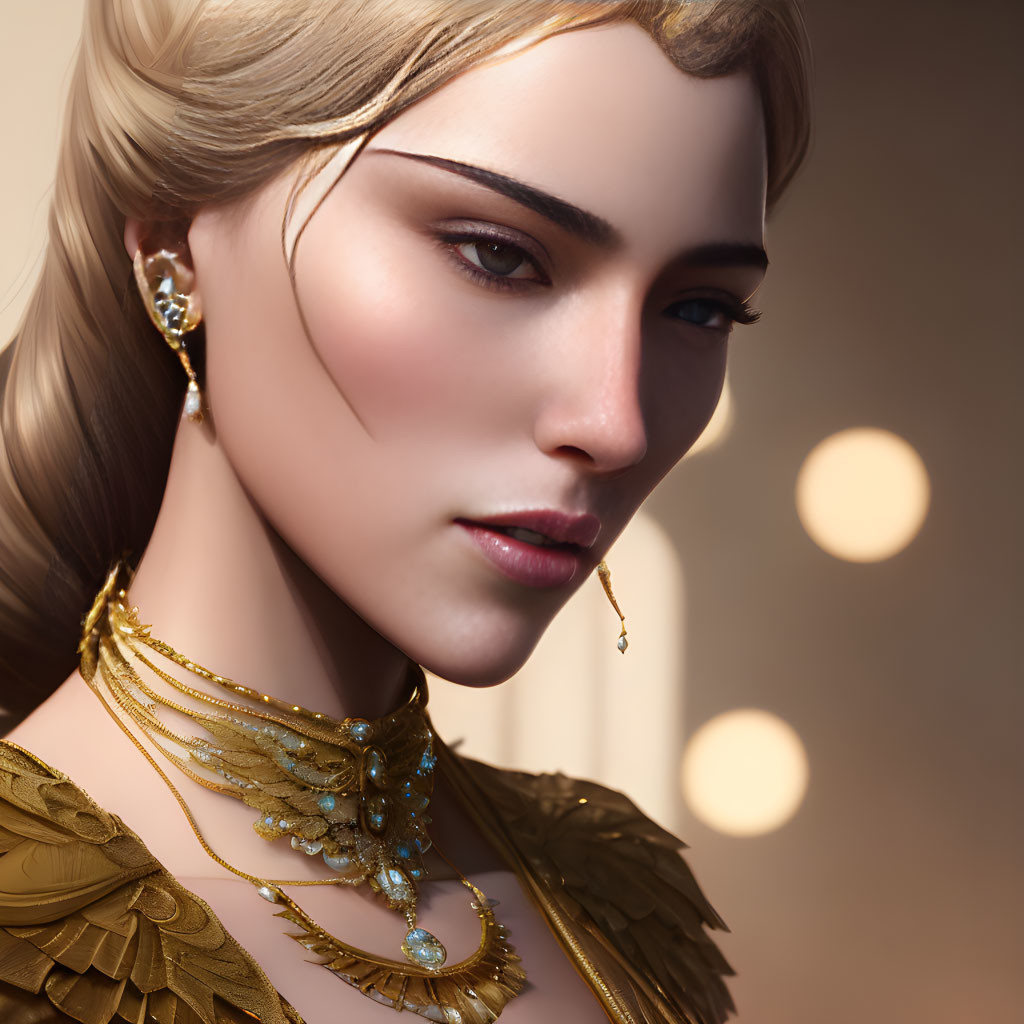 Detailed Close-Up of Woman in Digital Artwork with Golden Jewelry and Bokeh Lights