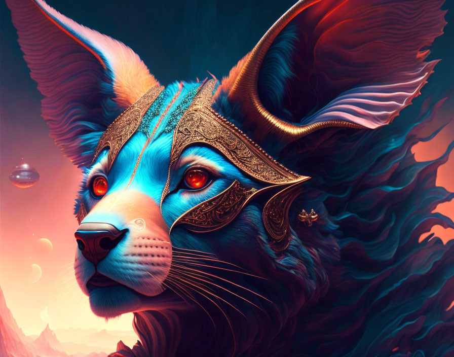 Fantastical cat-winged creature with golden headpiece in surreal digital art