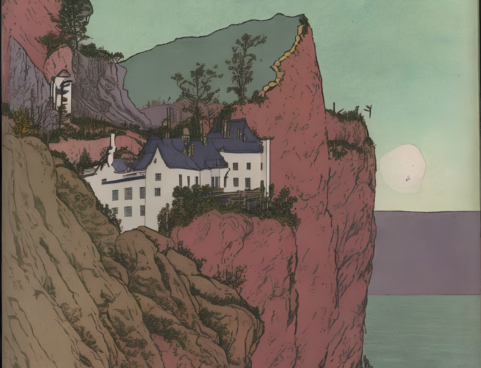 Vintage-style illustration: White houses on colorful cliffside by the sea