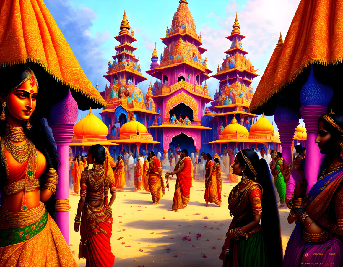 Colorful Illustration: Indian Women in Traditional Attire at Ornate Temples