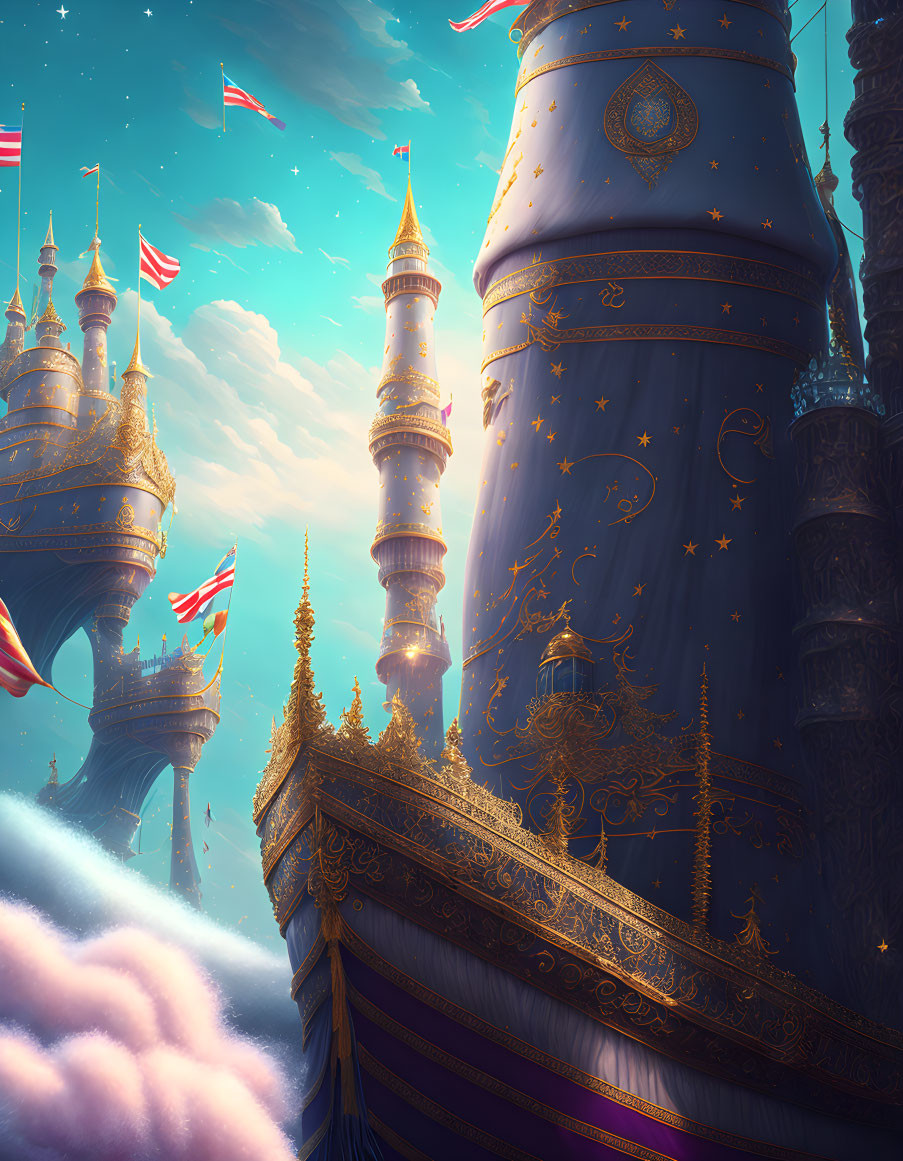 Fantastical sky city with golden spires above clouds and flowing flags