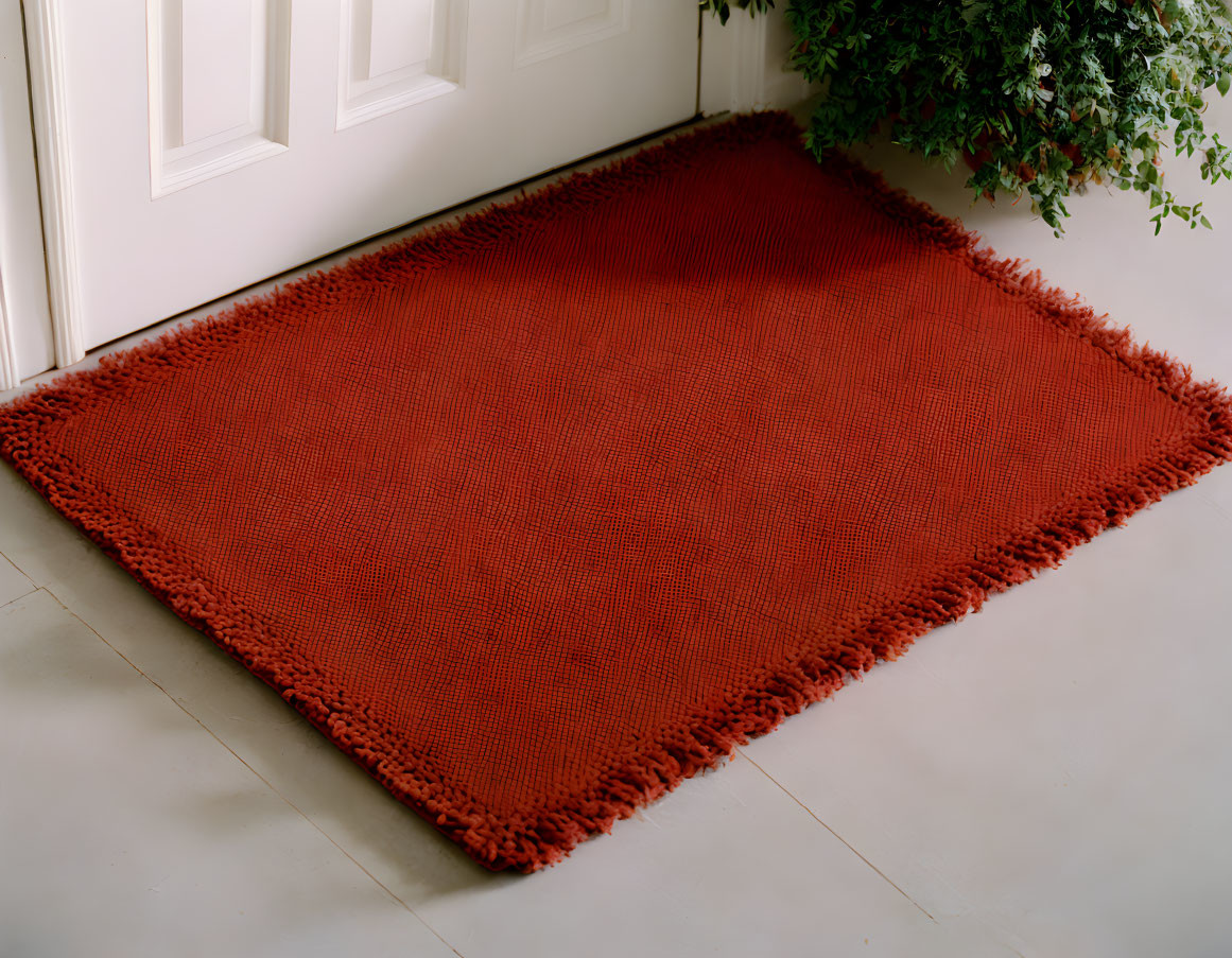 Large Red Rug with Fringe Edges Near Potted Plant and White Door