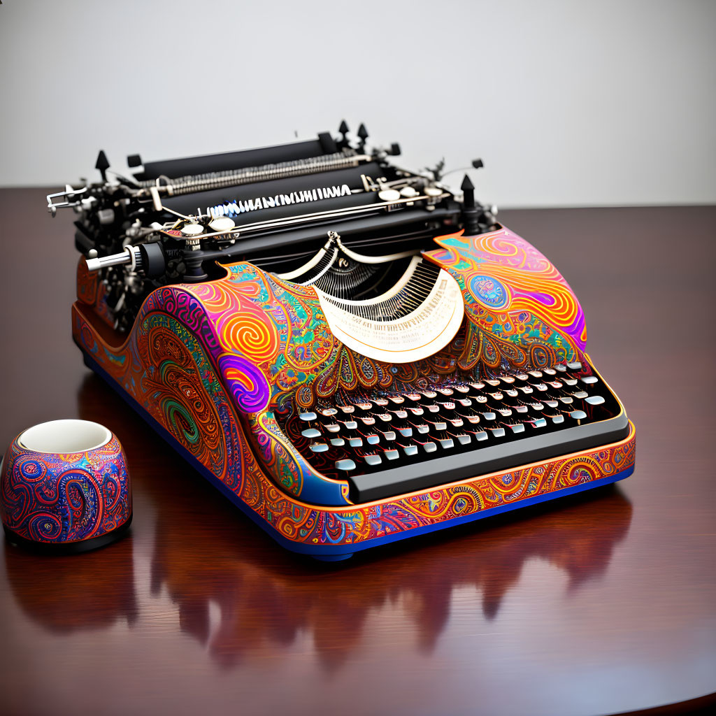 Colorful Paisley Patterned Typewriter on Wooden Desk with Matching Cup