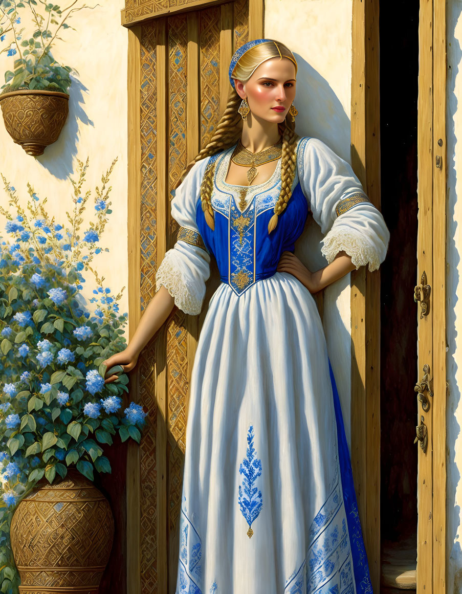 Traditional blue and white dress woman with gold accessories by blue flowers