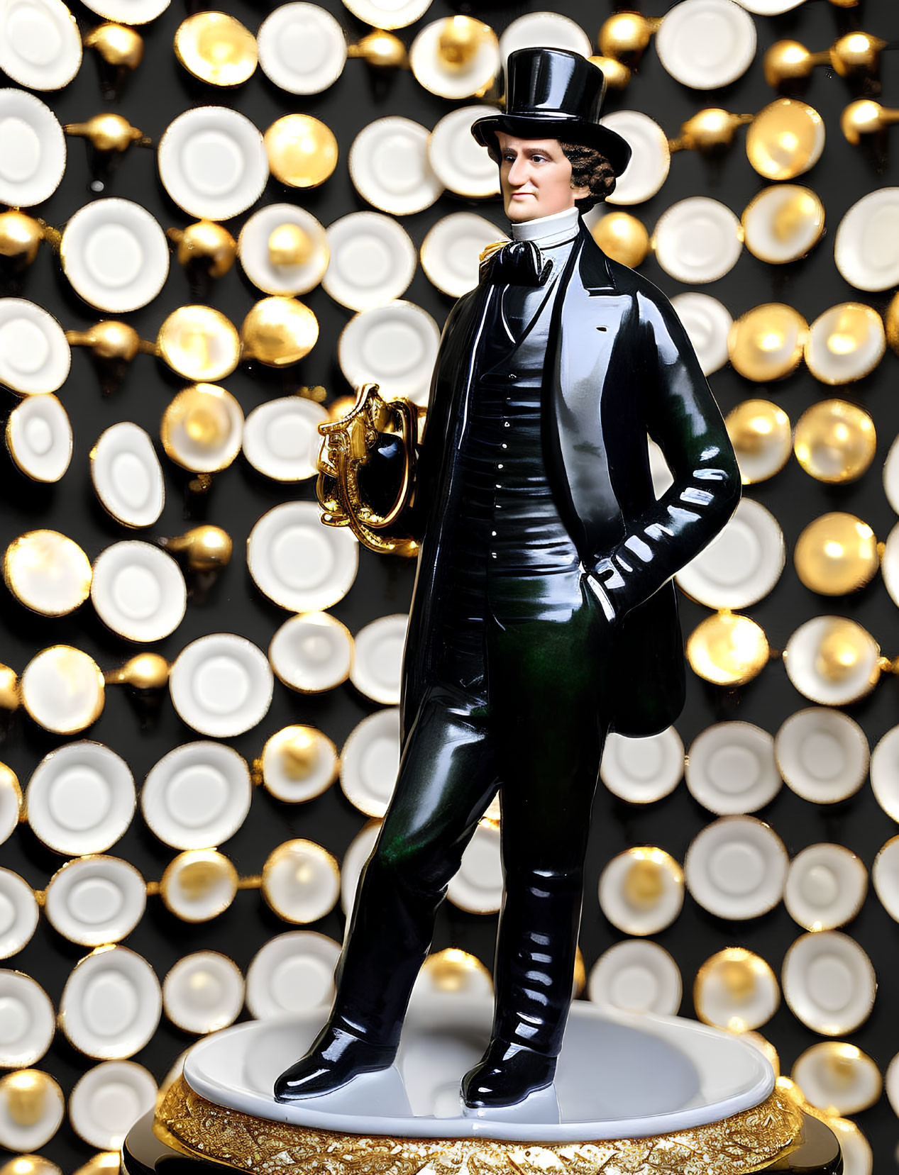 Porcelain figurine of man in black suit with top hat and cane on golden circles