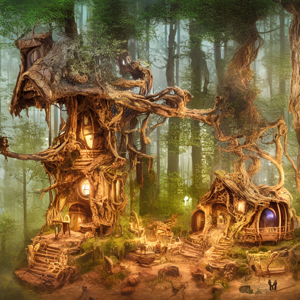 Intricate Tree Houses in Enchanted Forest Scene