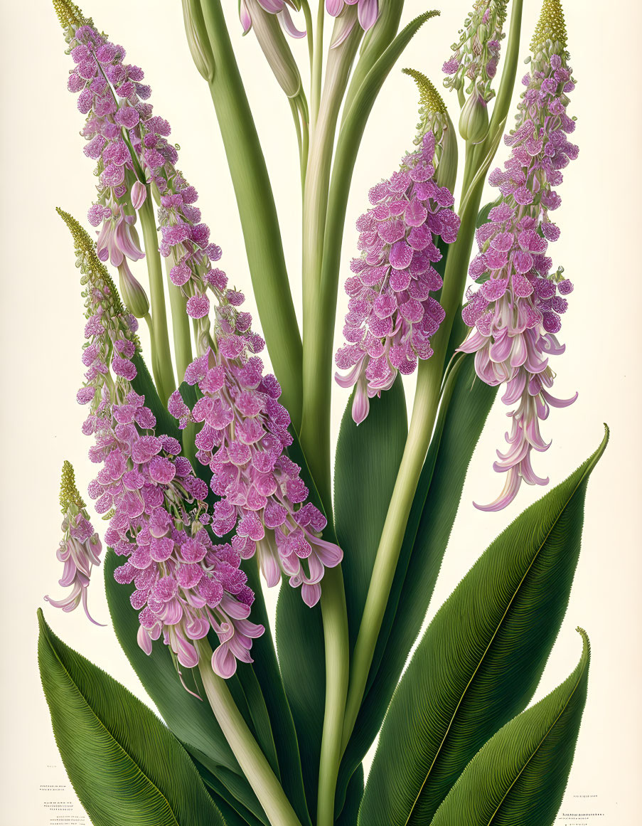 Detailed Purple Orchis Mascula Illustration with Blooming Flowers and Green Leaves