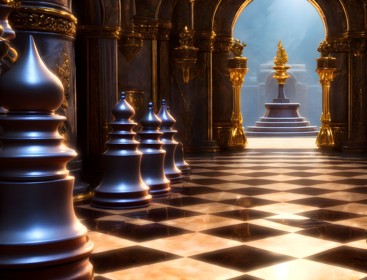 Large chess pieces on checkered floor in ornate hall with arches