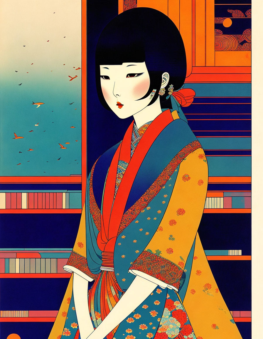 Stylized woman in Japanese attire with bold colors & geometric patterns