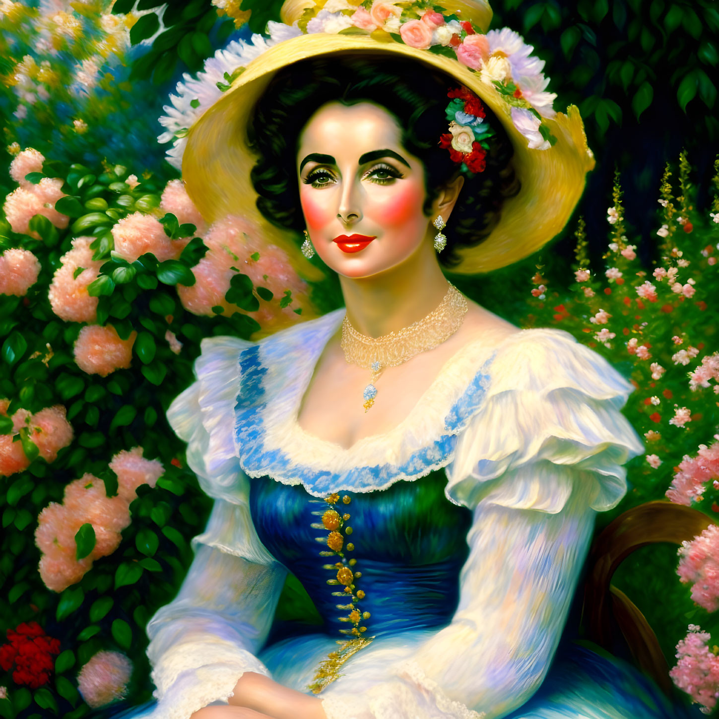 Portrait of woman in blue and white period dress with large floral hat on vibrant background