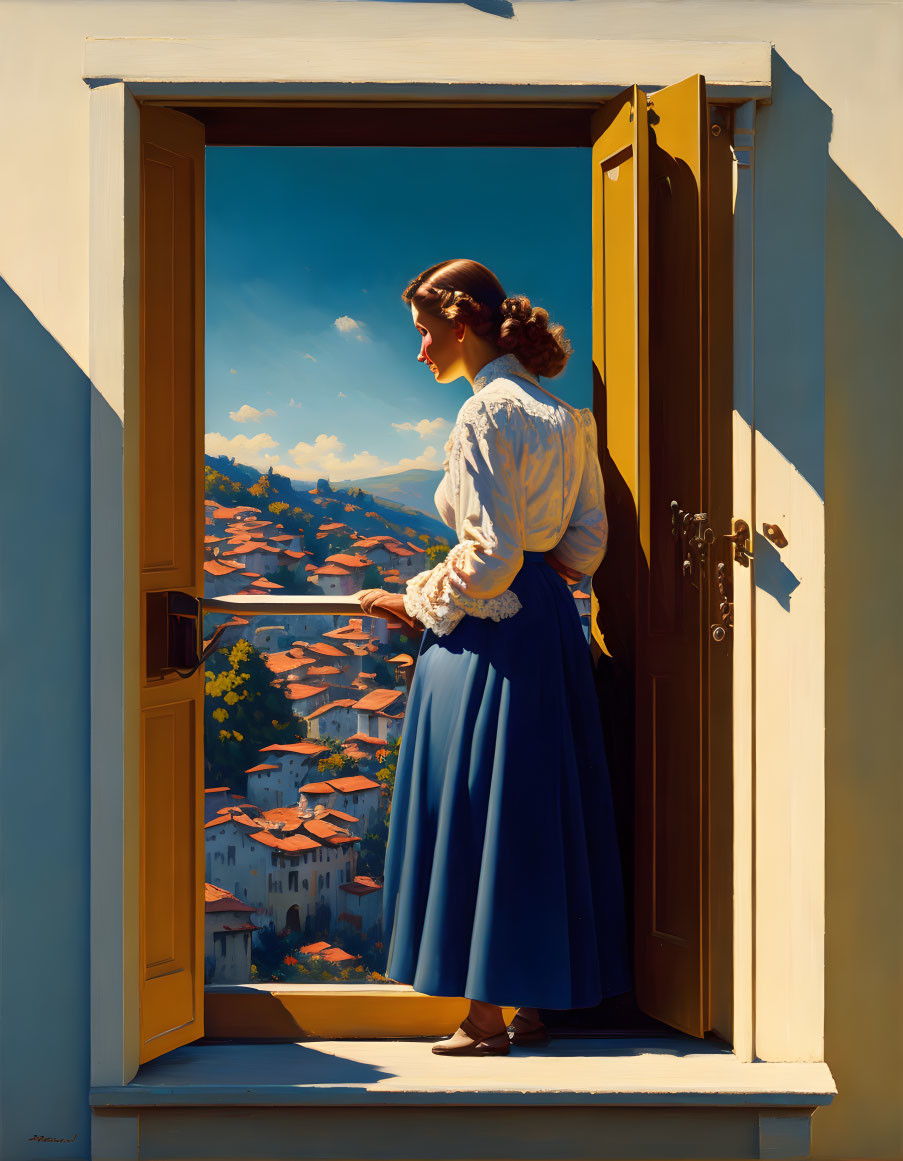 Woman in blue skirt and white blouse at open doorway overlooking hillside town under blue sky