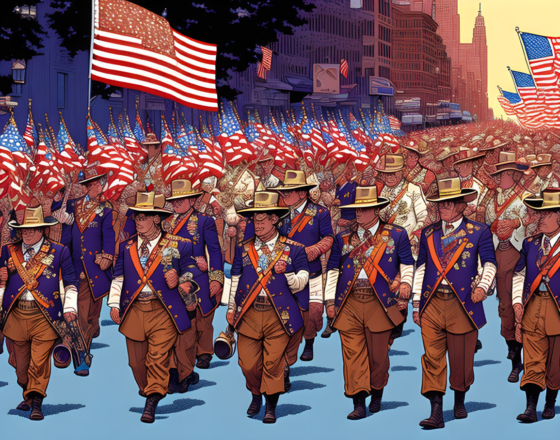 Historical American Revolution-themed patriotic parade illustration