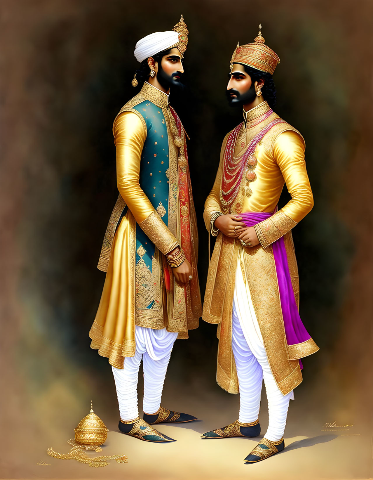 Men in traditional Indian royal attire with turbans, embroidered tunics, and a sword next to a