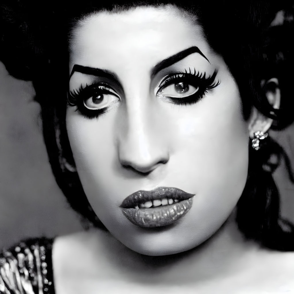 Monochrome close-up of woman with bold eyeliner and beehive hairstyle