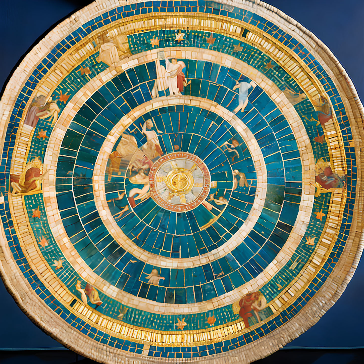 Vibrant circular mosaic with human figures and emblem on blue background