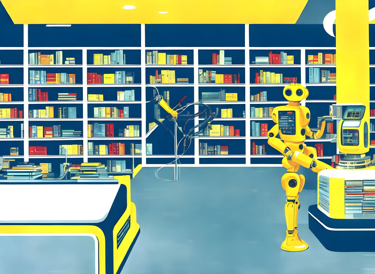 Colorful robot in modern yellow library with books, desk, and lamp