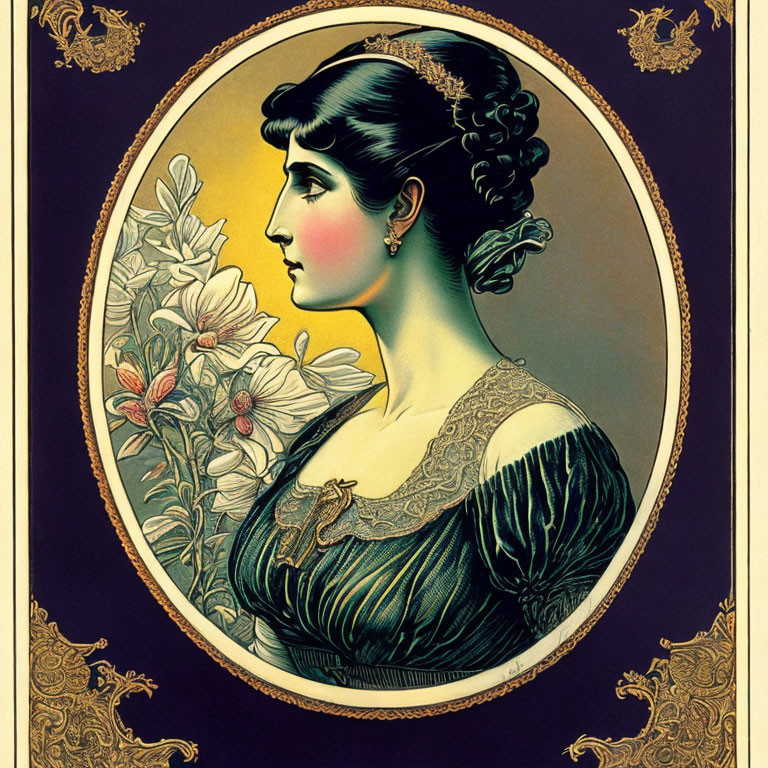 Vintage Illustration of Woman with Elegant Profile Hairstyle & Attire