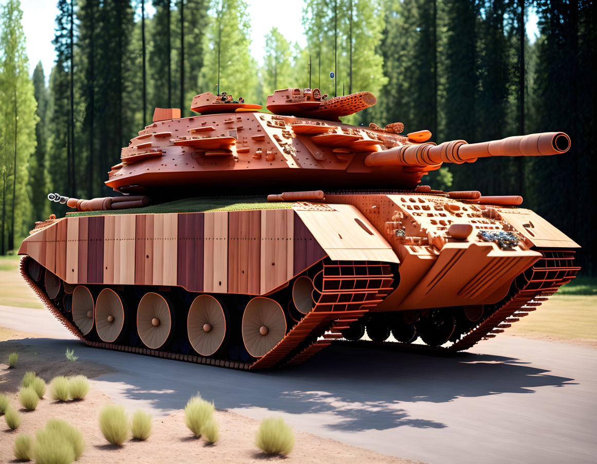 Advanced futuristic tank in forest setting with dirt path.