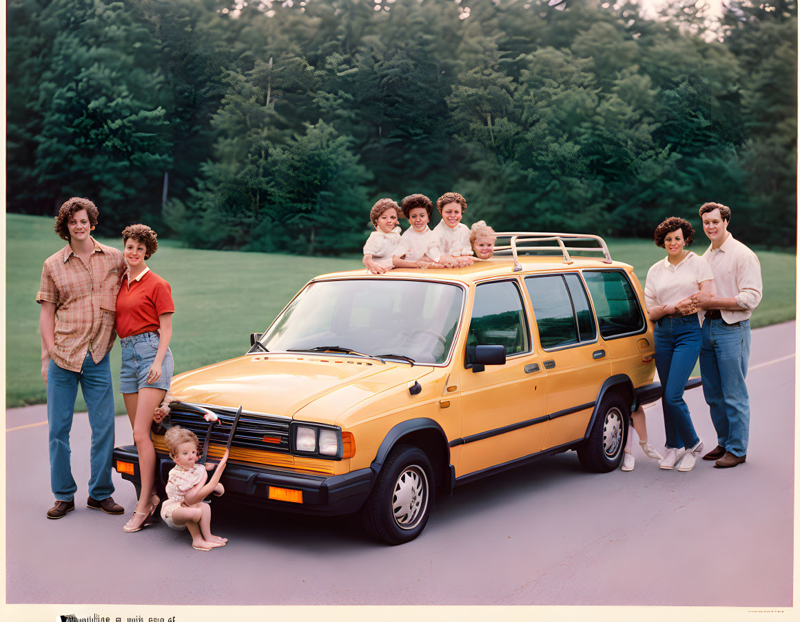 Family of Eight with Yellow Station Wagon on Grass Road