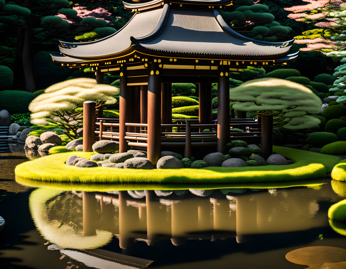 Japanese garden with pagoda pavilion, trimmed bushes, reflective pond at dusk