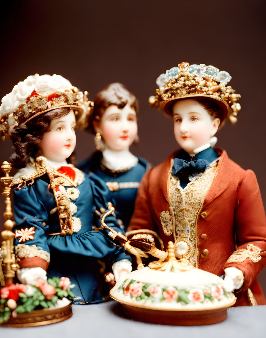 Victorian-era porcelain dolls in vibrant colors on dark backdrop