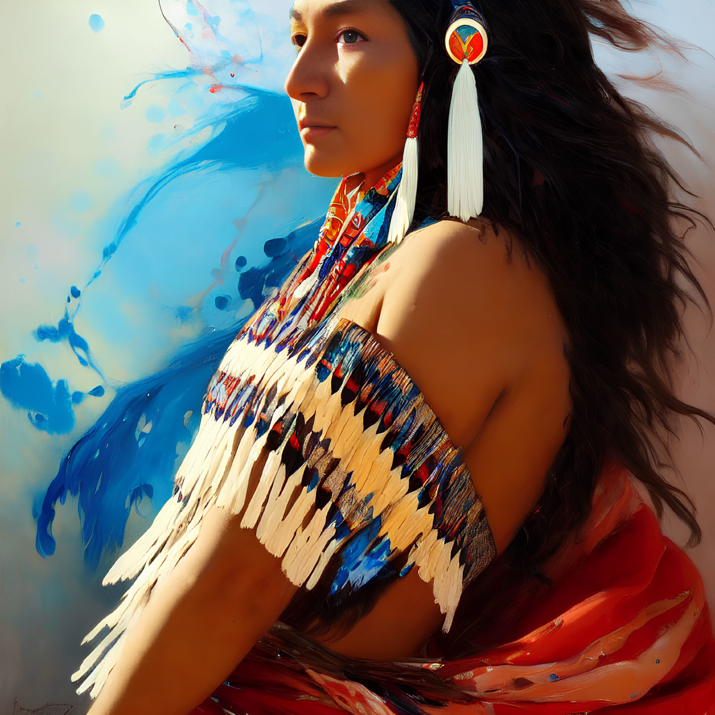 Native American woman in traditional attire with beaded jewelry and feather earrings on blue backdrop