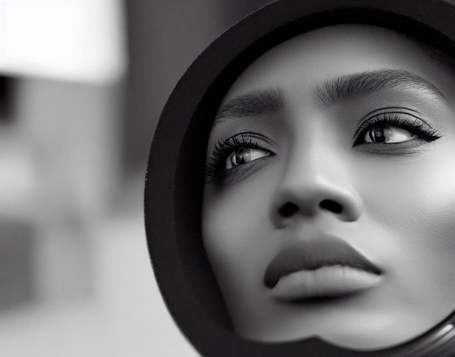 Monochrome close-up portrait of woman with hat and eyelashes