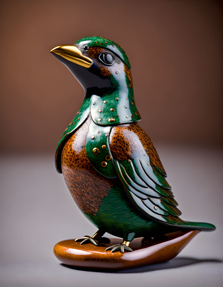 Intricate Green and Brown Ceramic Bird Figurine Displayed on Soft-focus Background