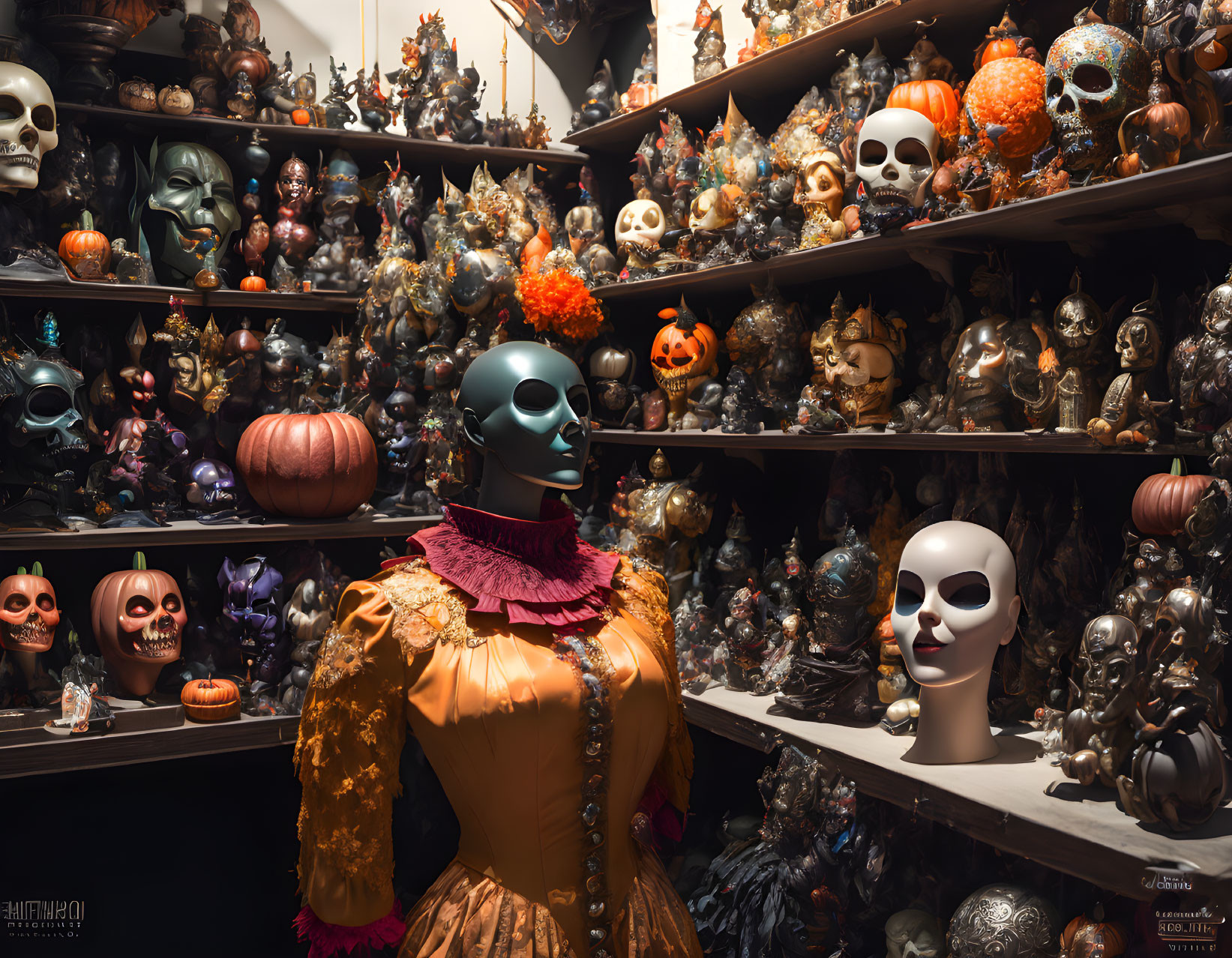 Mannequin in festive costume with Halloween masks and decorations