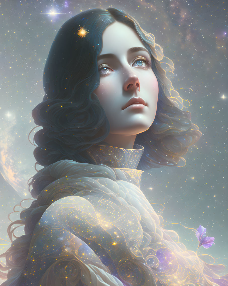 Celestial-themed digital art portrait of a woman with stars and galaxies in her hair