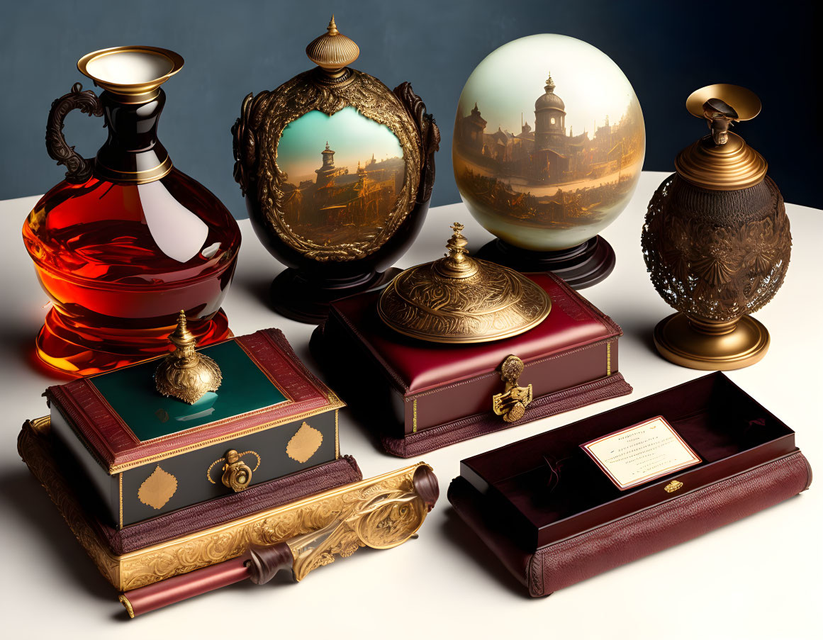 Luxurious Globes, Flacons, and Books with Golden Embellishments