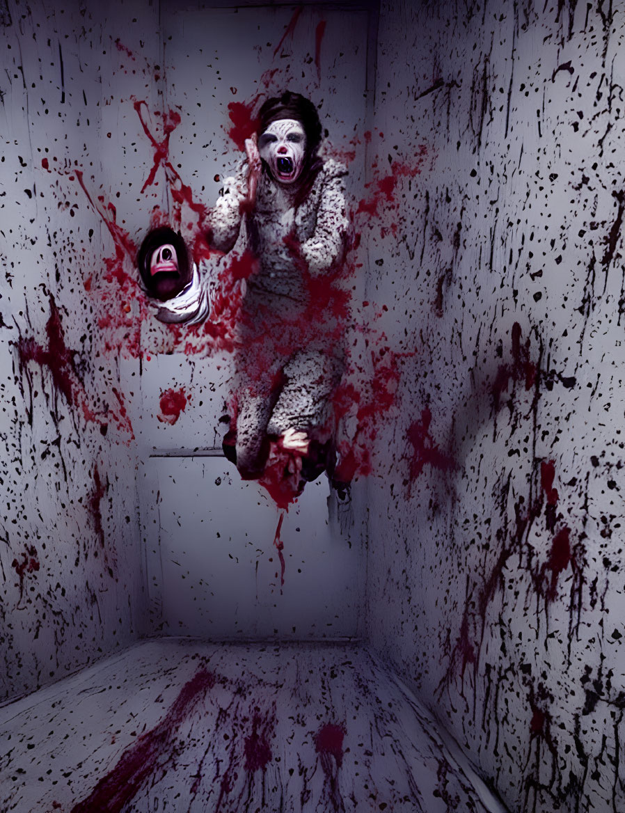 Horror-themed image: Scary clowns in bloody room