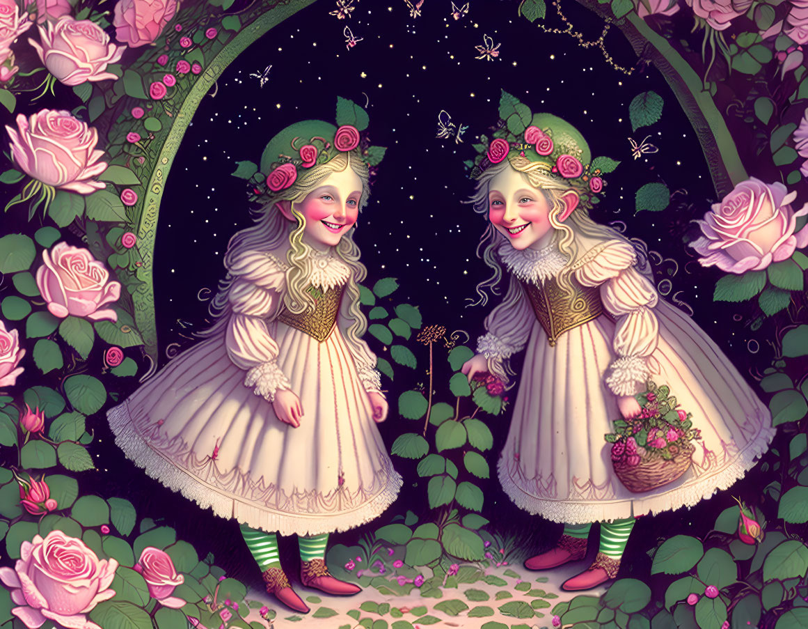 Twin girls in fancy dresses in magical rose garden at night