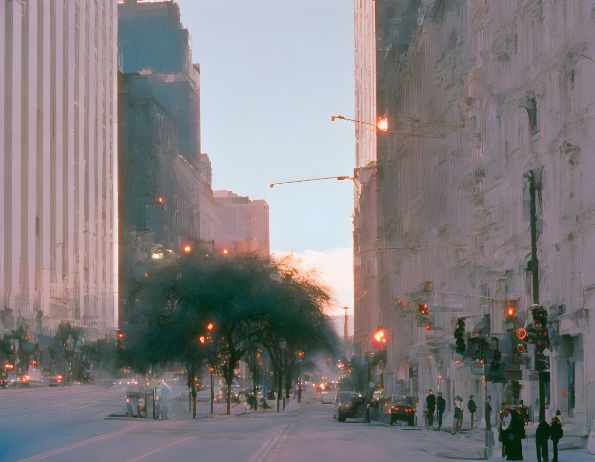 Twilight cityscape with illuminated streetlights