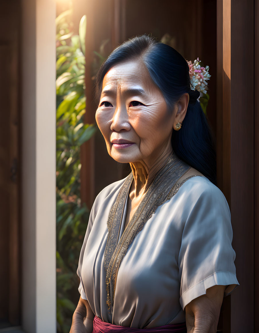 Serene elderly Asian woman in traditional attire by wooden door